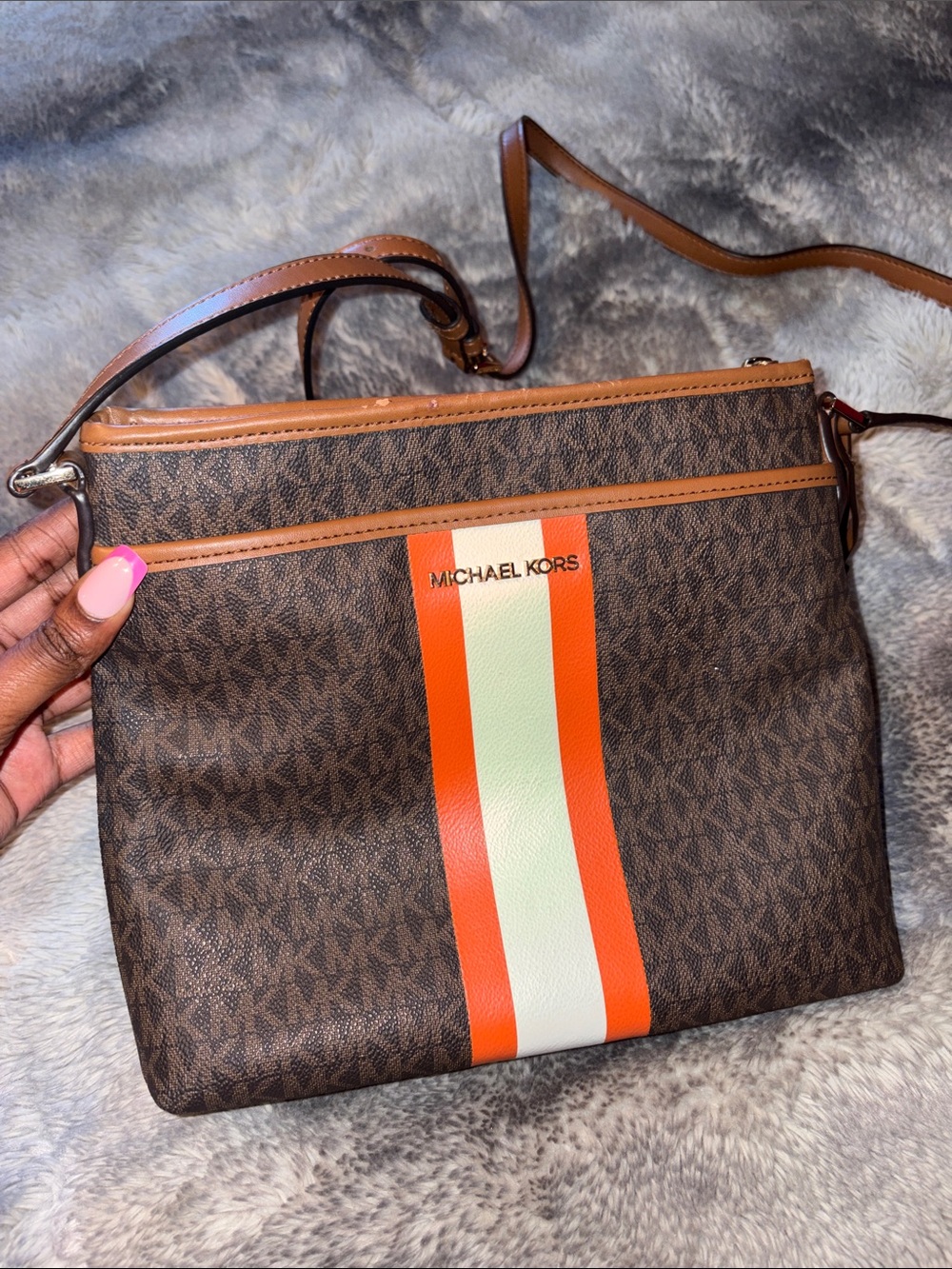 Michael Kors Brown Crossbody with Orange and White Center Stripe 🧡